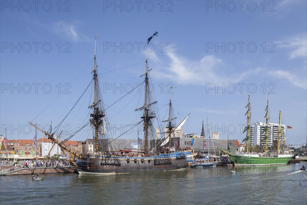 Gotheborg sailing ship with hospitality ship Alexander von Humboldt II with launch in the Neuer Hafen harbour at the Sail 2015 festival