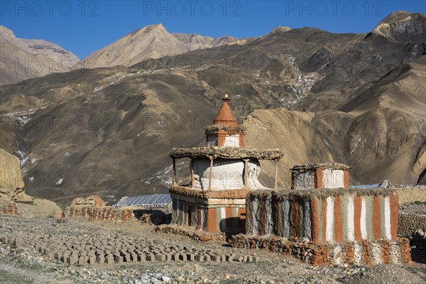 Buddhist stupas in front of mountain landscape