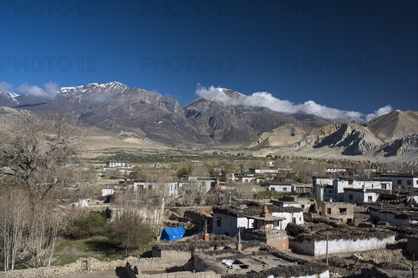 Traditional houses and Buddhist stupa in the village of Tsarang in front of mountain landscape