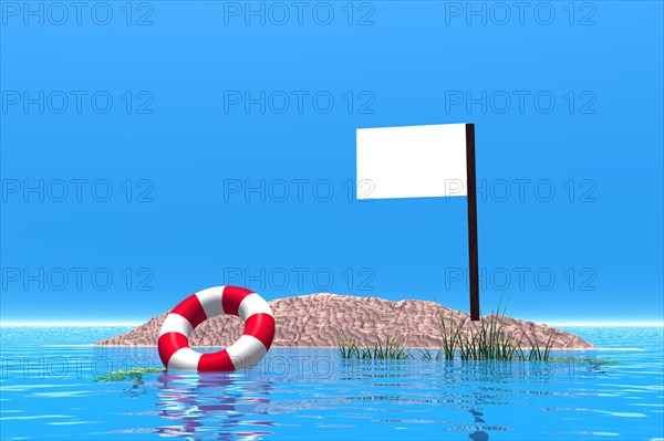 Empty sign and swimming tire in the sea on an island
