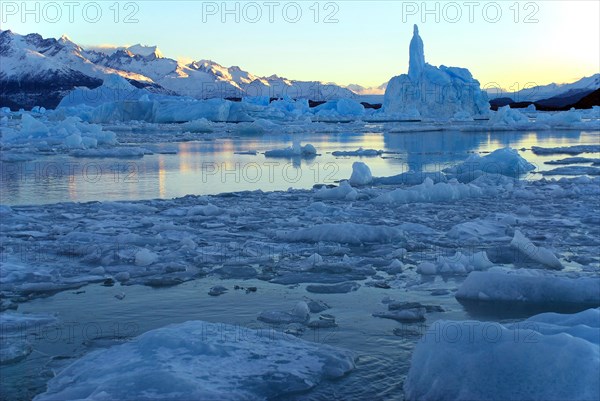 Lago Argentino with icebergs at sunrise