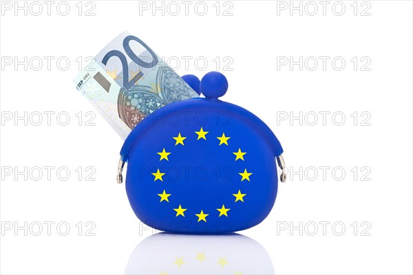 20 euro bill sticking out of a blue purse with euro-stars