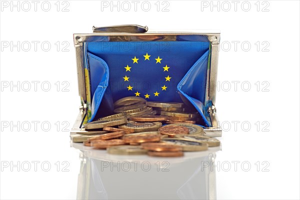 European coins in a blue purse with euro-stars