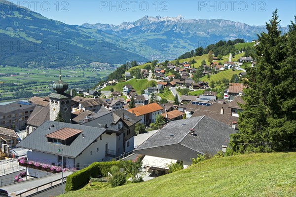 View from Triesenberg over the Rhine Valley towards the Alpstein Mountains