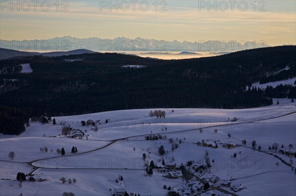 View of Hofsgrund and the Swiss Alps seen from Schauinsland mountain