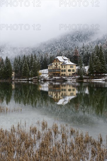 Snow-covered forest and houses reflected in Lake Toblach