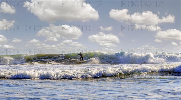 Surfer in the surf on the Pacific beach near Cambria