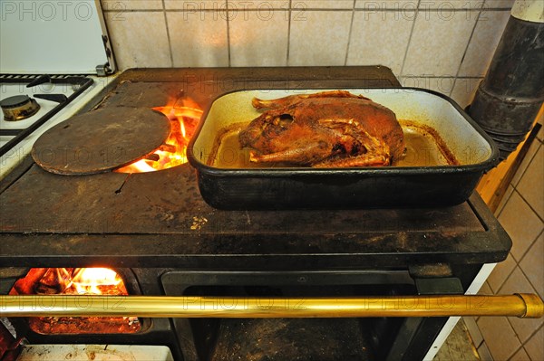 Ready roast duck in a roasting pan on an old coal-fired stove with open fire plate