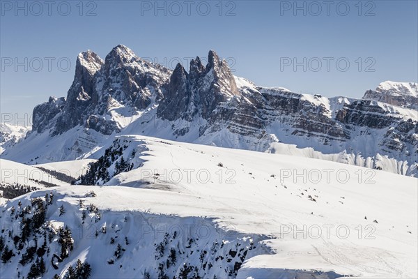 View from the Rasciesa above Ortisei in Val Gardena on the Odle