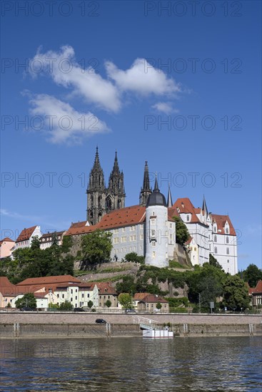 Elbe river in front of the Albrecht Castle with the cathedral of Meissen