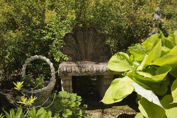 Clamshell back garden bench and hosta plant leaves in a landscaped residential backyard garden