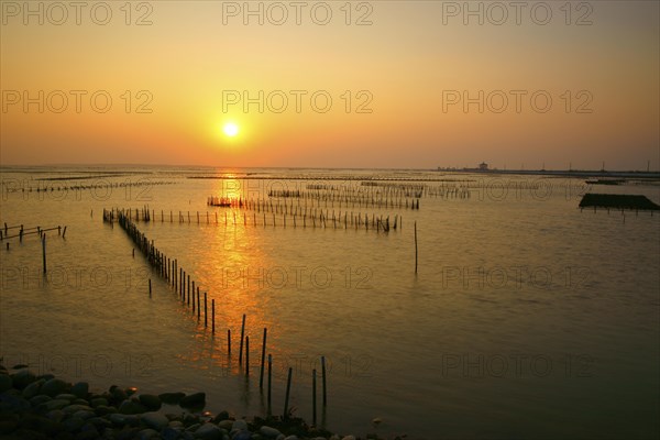 Fish farm at sunset