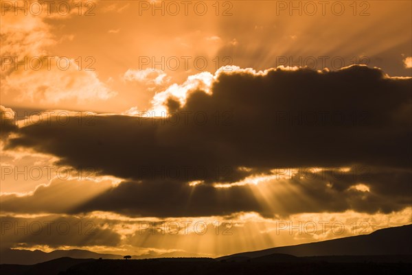 Sun rays breaking through the clouds in the evening light