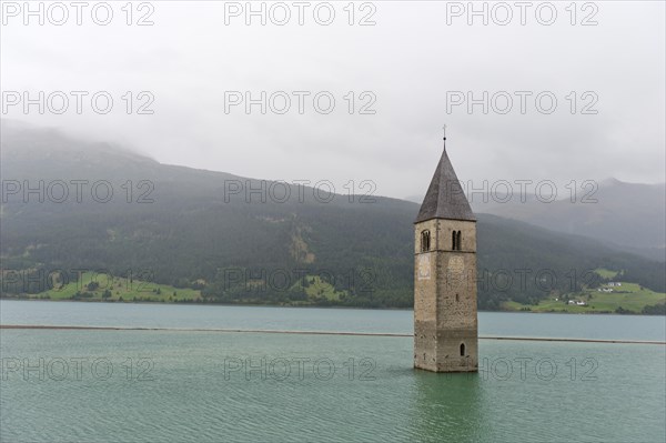 Church tower in the Reschensee lake