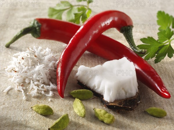 Fresh red chilis with grated coconut and cardamom seeds