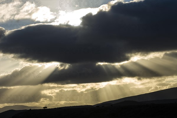 Sun rays breaking through the clouds in the evening light