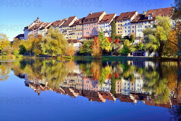 Historic centre of Wil with reflection in pond of municipal park