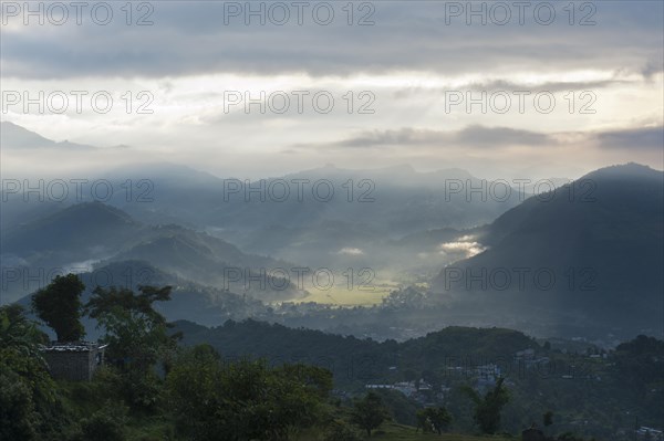 First sun rays of the morning filtering through the mist