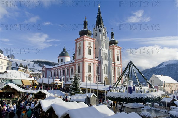 Christmas market in front of the Mariazell Basilica on the main square of Mariazell