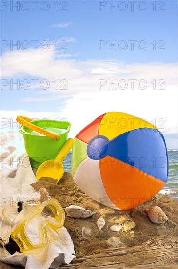 Beach toys on a sandy beach