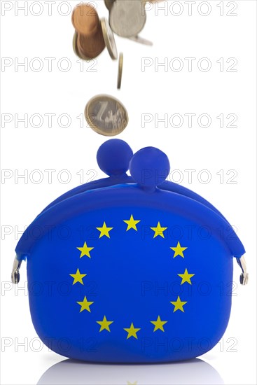 Coins falling into a blue purse with euro-stars