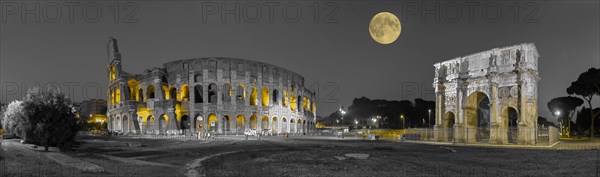 Full moon over Colosseum and Constantine Arch at night
