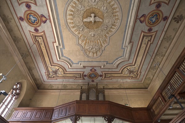 Baroque ceiling with peace dove and organ loft of the Spitalkirche church