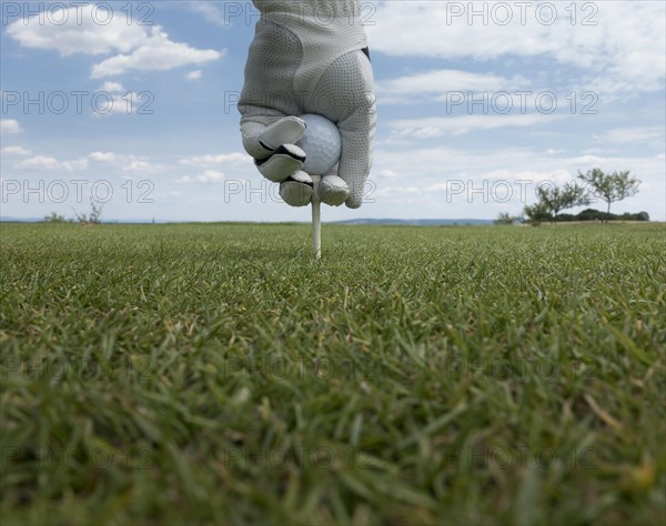 A golf ball is placed on a tee