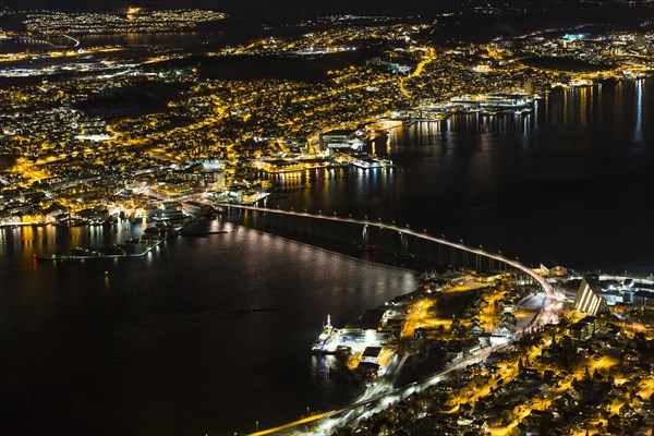 View from Fjellheisen to the Arctic Cathedral and the car bridge at night