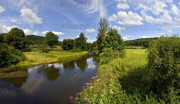 Altmuhlt river flows between green fields and trees