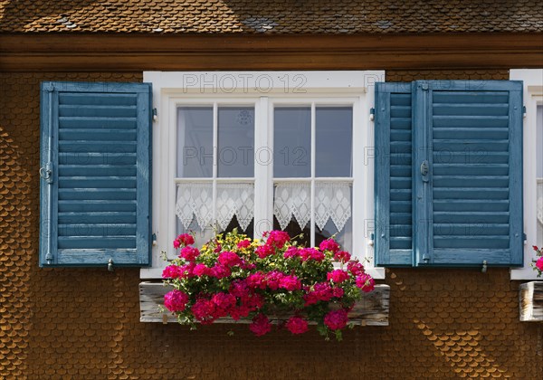 Window with geraniums on an old wooden house