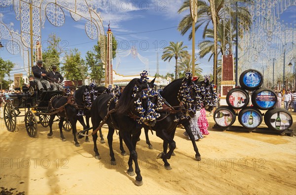 Decorated horses and dressed up coachmen at the Feria del Caballo Horse Fair