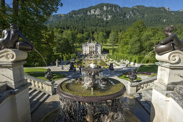 Terrace gardens with the Naiad fountain in the grounds of Schloss Linderhof Palace