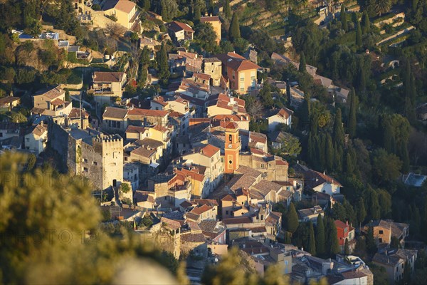 Roquebrune village with its medieval castle and church in the evening light