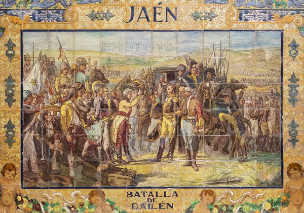 Tile work displaying a historic scene at the Plaza de Espana