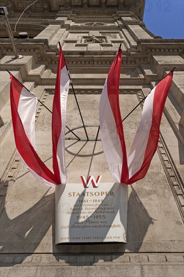 Information board with Austrian flags at the Staatsoper opera house