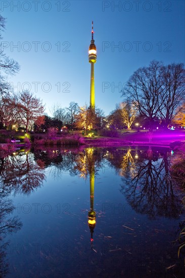 Winter lights in Westphalia Park with the television tower Florian at dusk