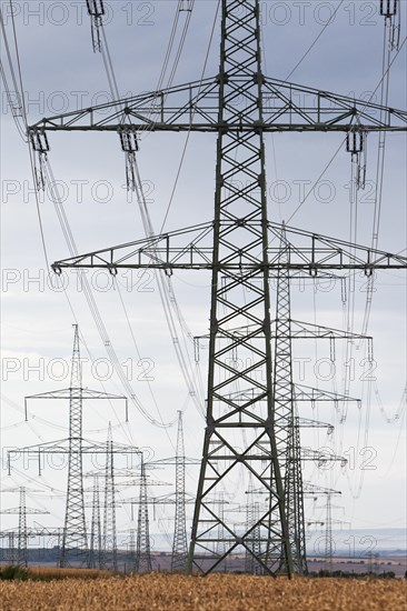 Newly erected high-voltage pylons of the South-West Interconnector of the transmission system operator 50 Hertz