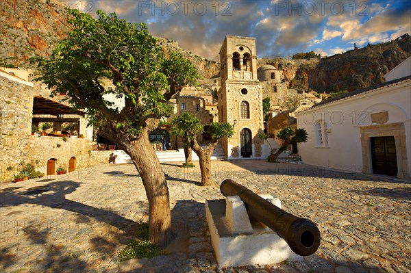 Main square of the lower town with the bell tower of the Byzantine Greek-Orthodox Church of Christ Elkomenos