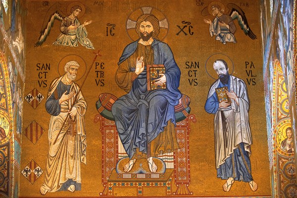 Byzantine mosaics of Christ Pantocrator with Saint Peter and Paul above the throne stage at the Palatine Chapel or Cappella Palatina
