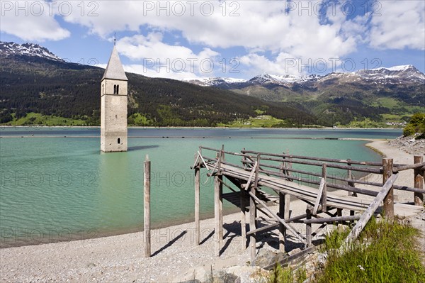 Steeple of Altgraun in Lake Reschen