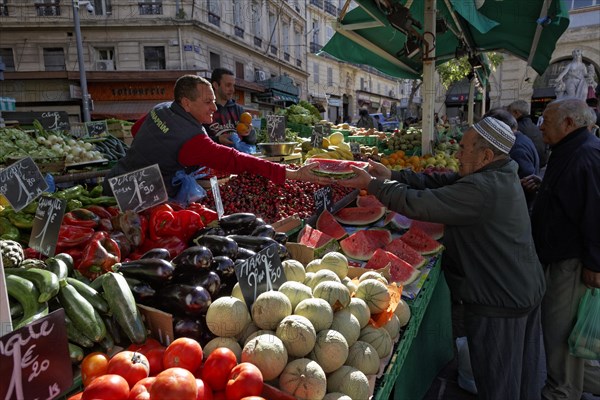 Greengrocers at the Marche des Capucins market in the district of Noailles, Marseille