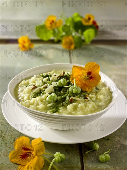 Pesto Risotto with nasturtium flowers