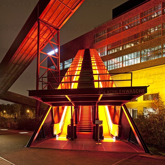 Illuminated gangway to the Ruhr Museum at the Zeche Zollverein Coal Mine Shaft XII