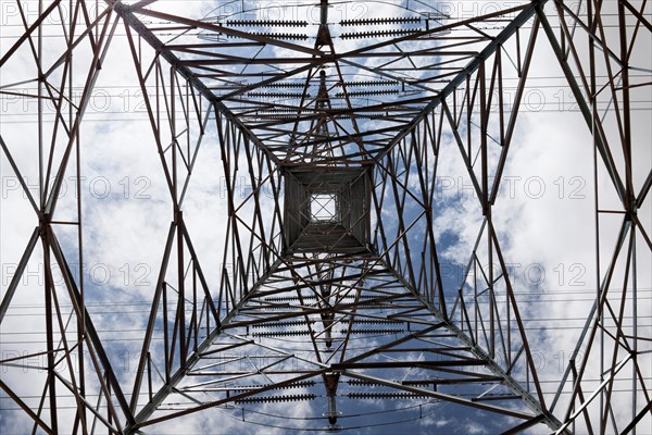 Looking upward inside a high tension electricity pylon