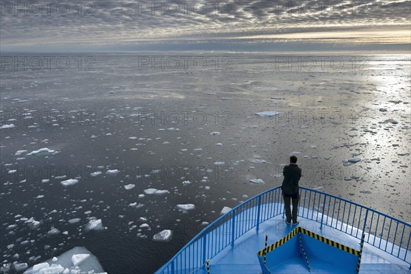 Expedition ship sailing through ice floes