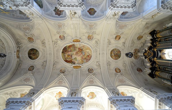 Organ in the historic arched vault and Baroque vaulted ceiling of the nave