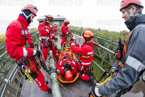 Firefighters practicing rescue from heights on the old Henrichenburg boat lift