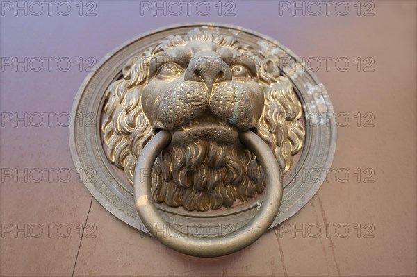 Lion head door knocker on a door of a house