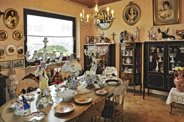 Old porcelain and display cases in a private collection